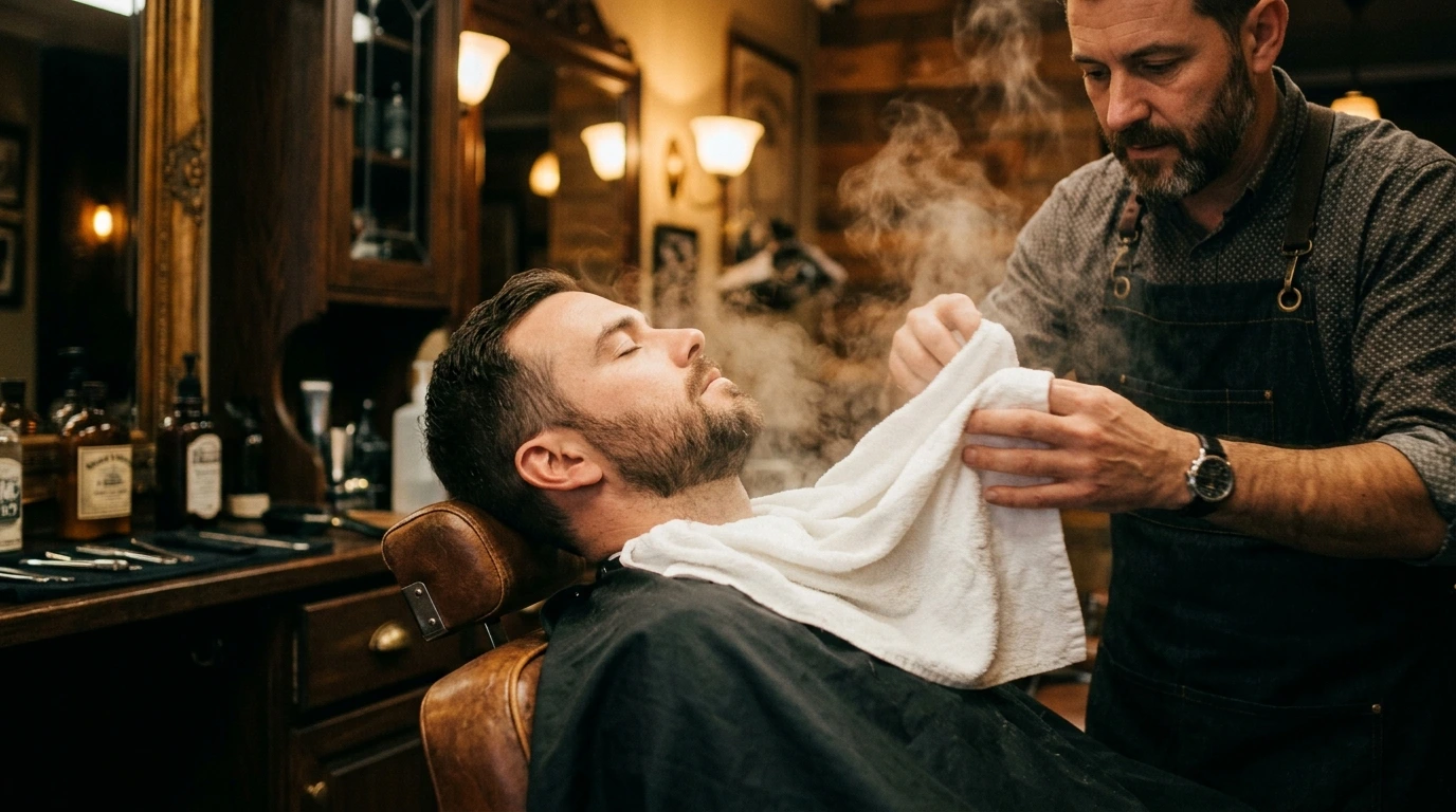Barbier au travail, serviette chaude