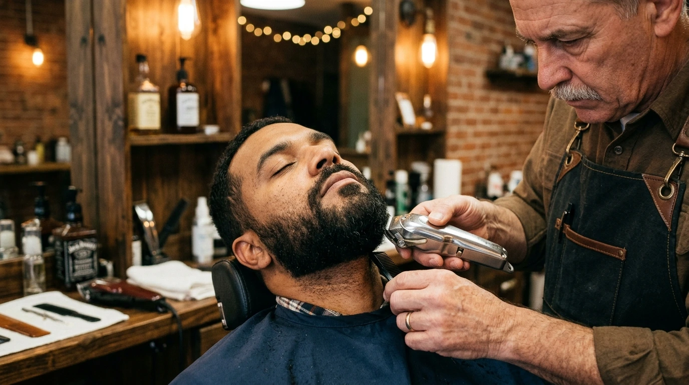 Homme se faisant tailler la barbe par un professionnel