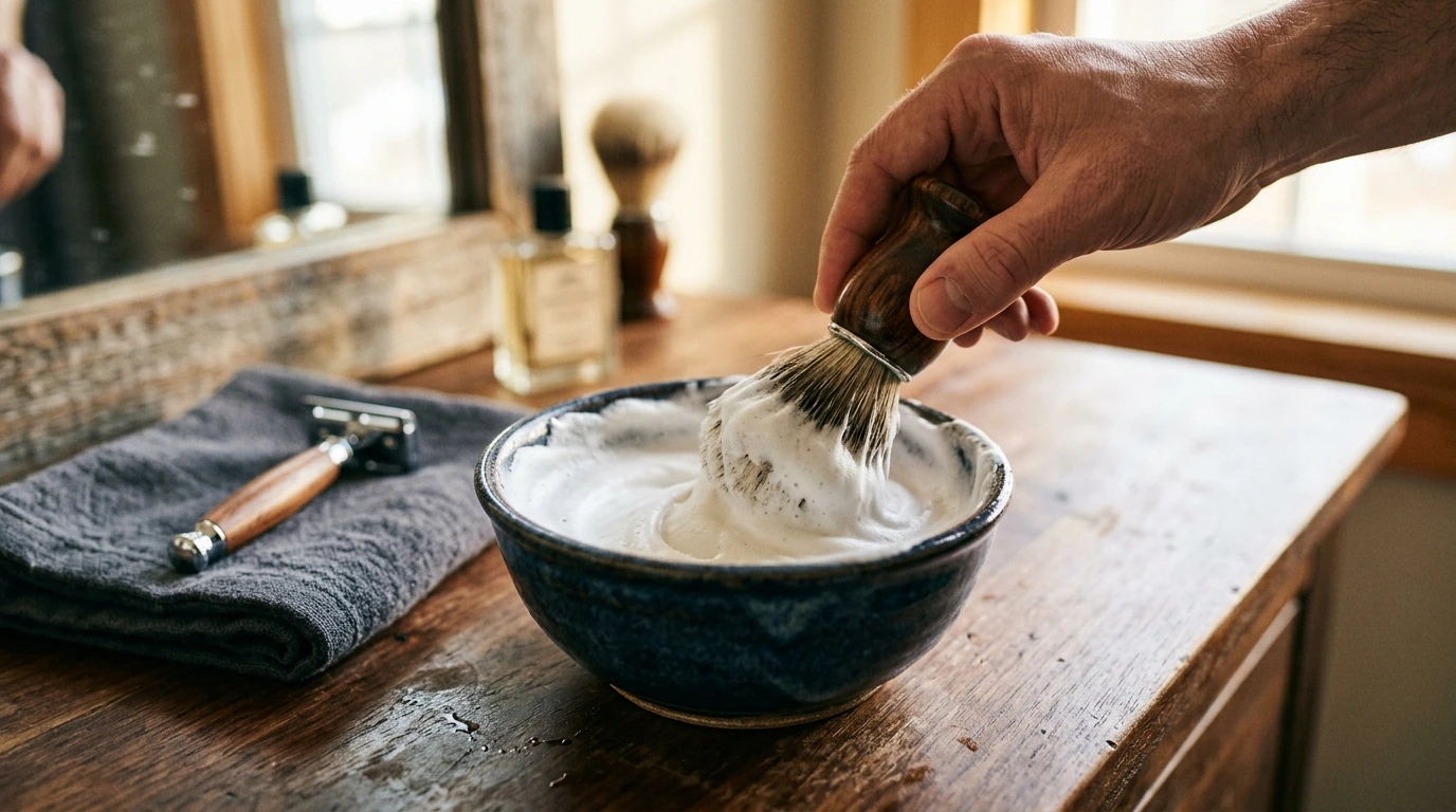 Mousse à raser préparée avec un blaireau traditionnel