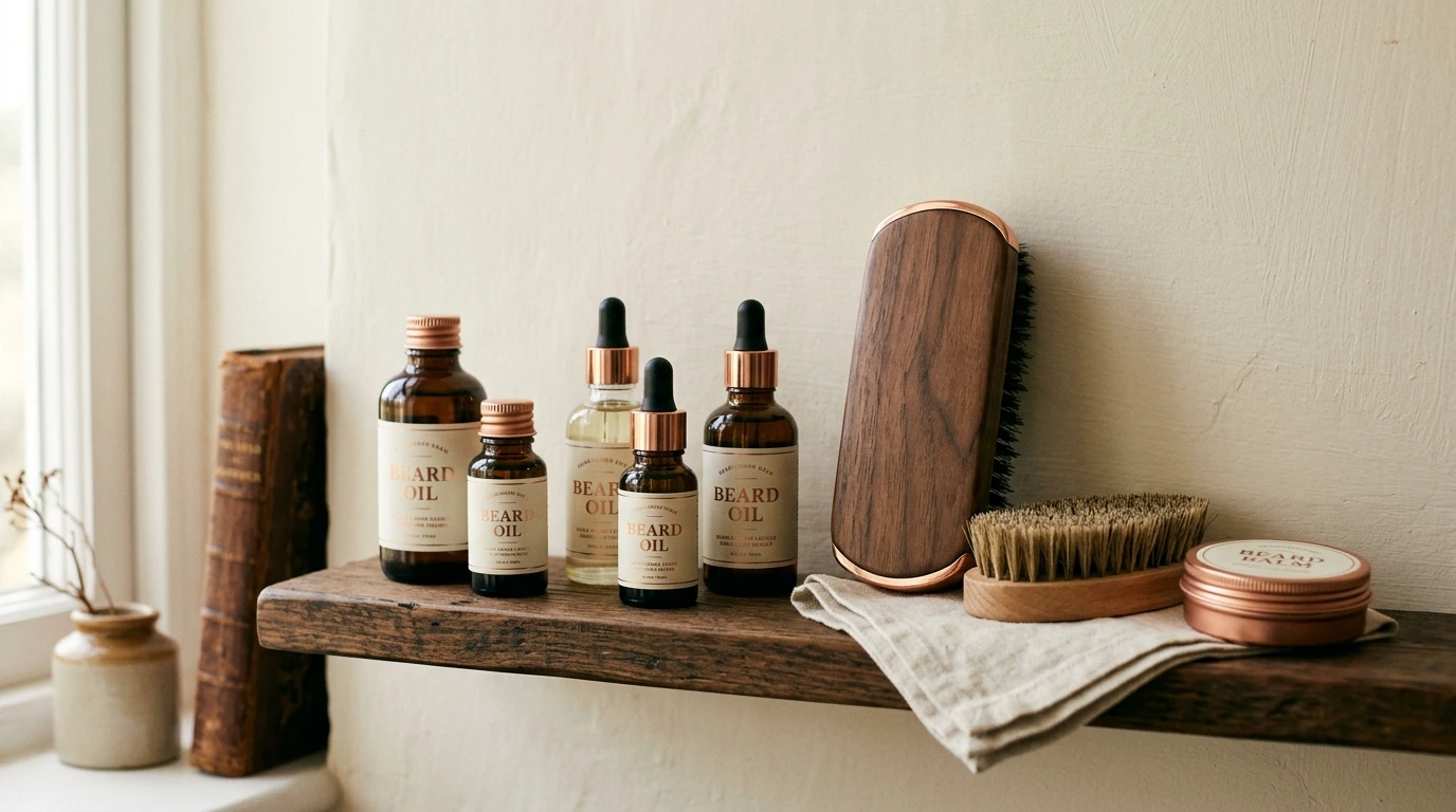 Huiles et brosses à barbe sur une étagère