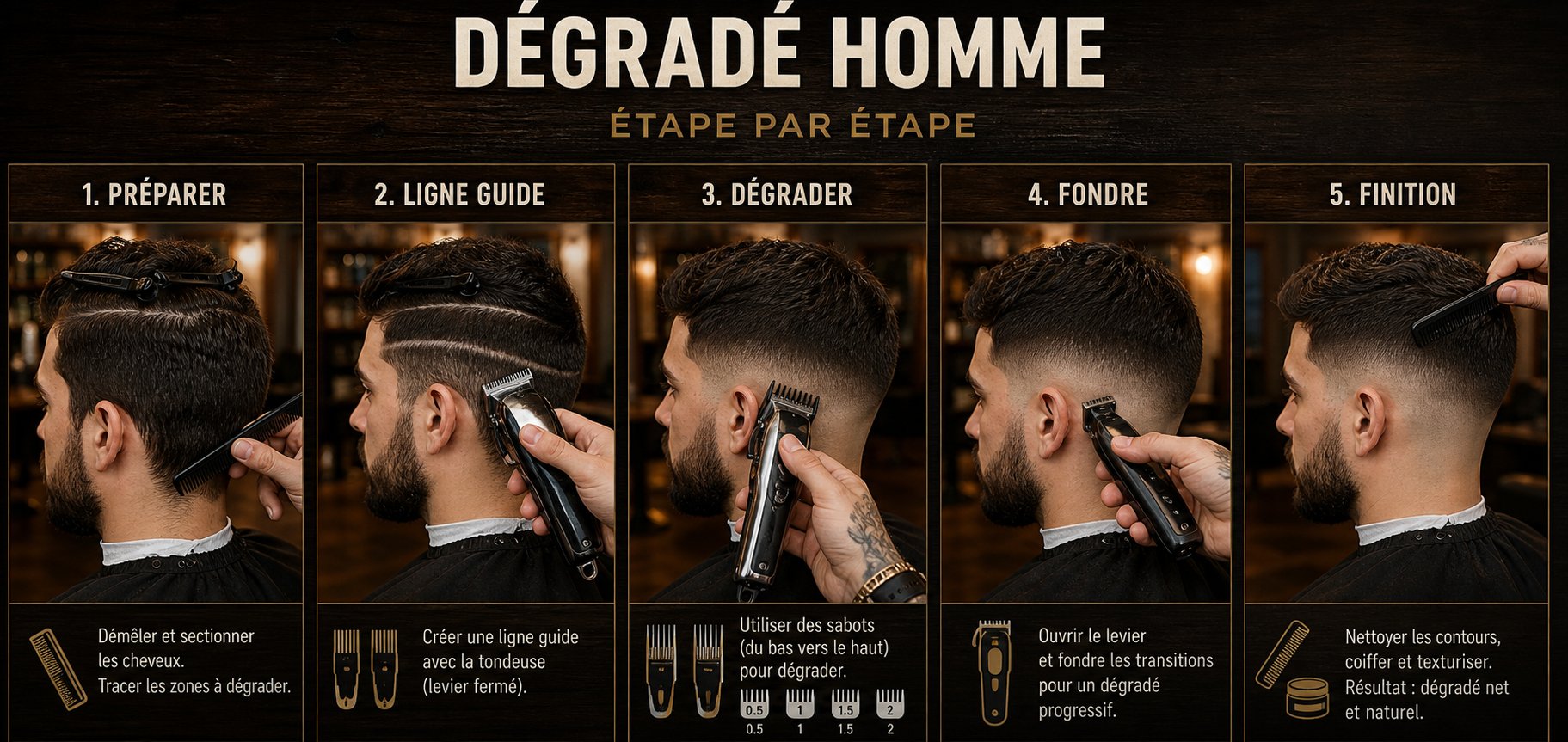 Dégradé homme bas moyen haut choix coupe barbier