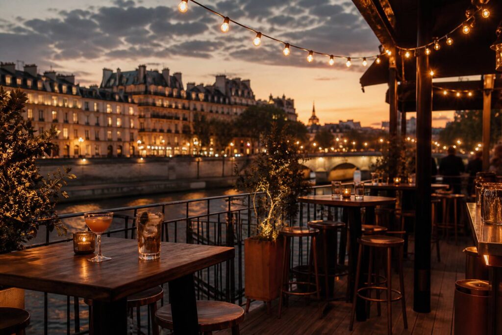 Terrasse élégante d'un bar parisien au bord de la Seine à la tombée du soir