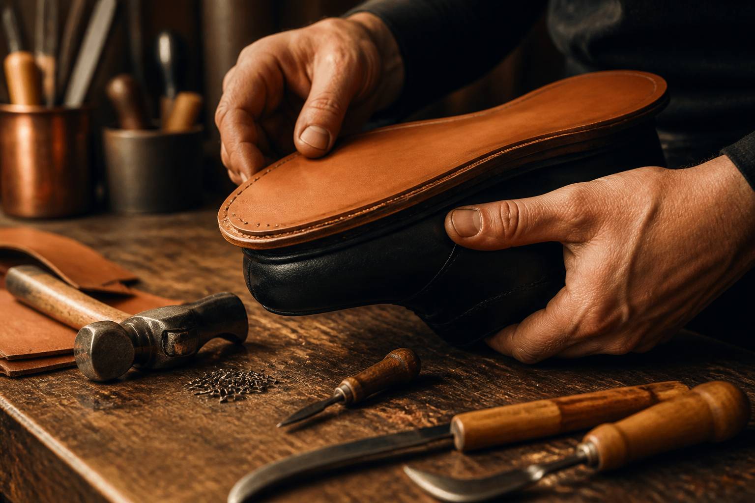 Mains posant une semelle neuve en cuir sur une chaussure