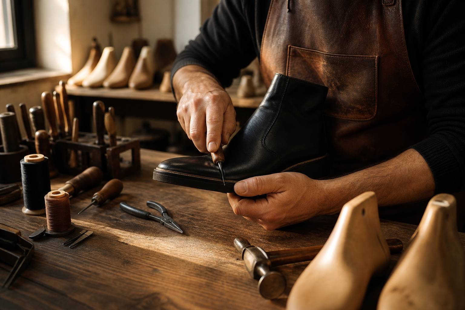 Cordonnier vérifiant la semelle d'une bottine en cuir noir dans son atelier