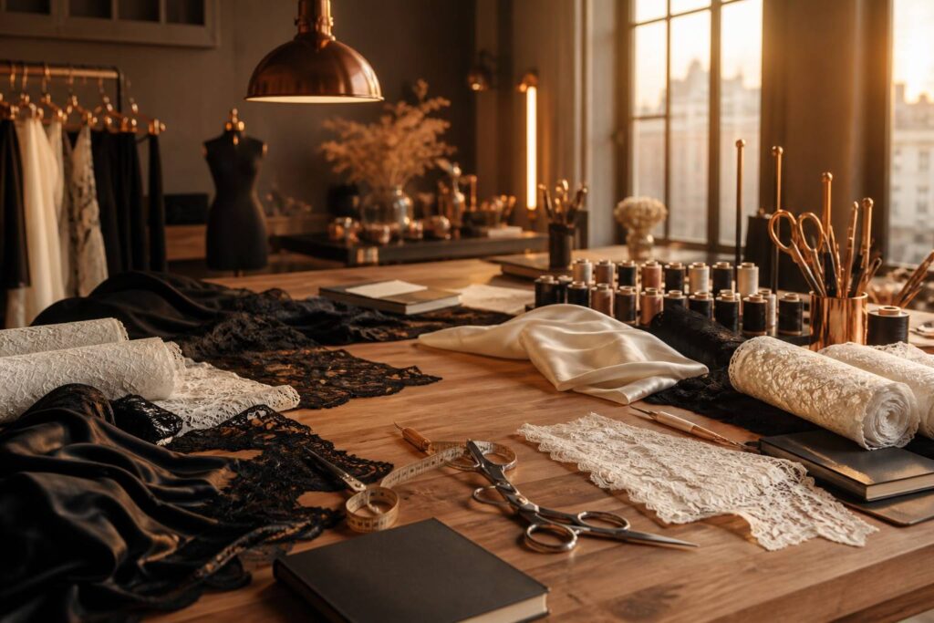 Atelier de couture avec rouleaux de dentelle et coupons de soie