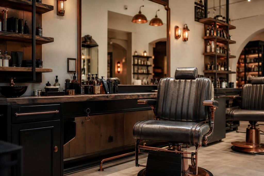 Barbershop contemporain avec fauteuil en cuir et miroir dans une ambiance cuivre