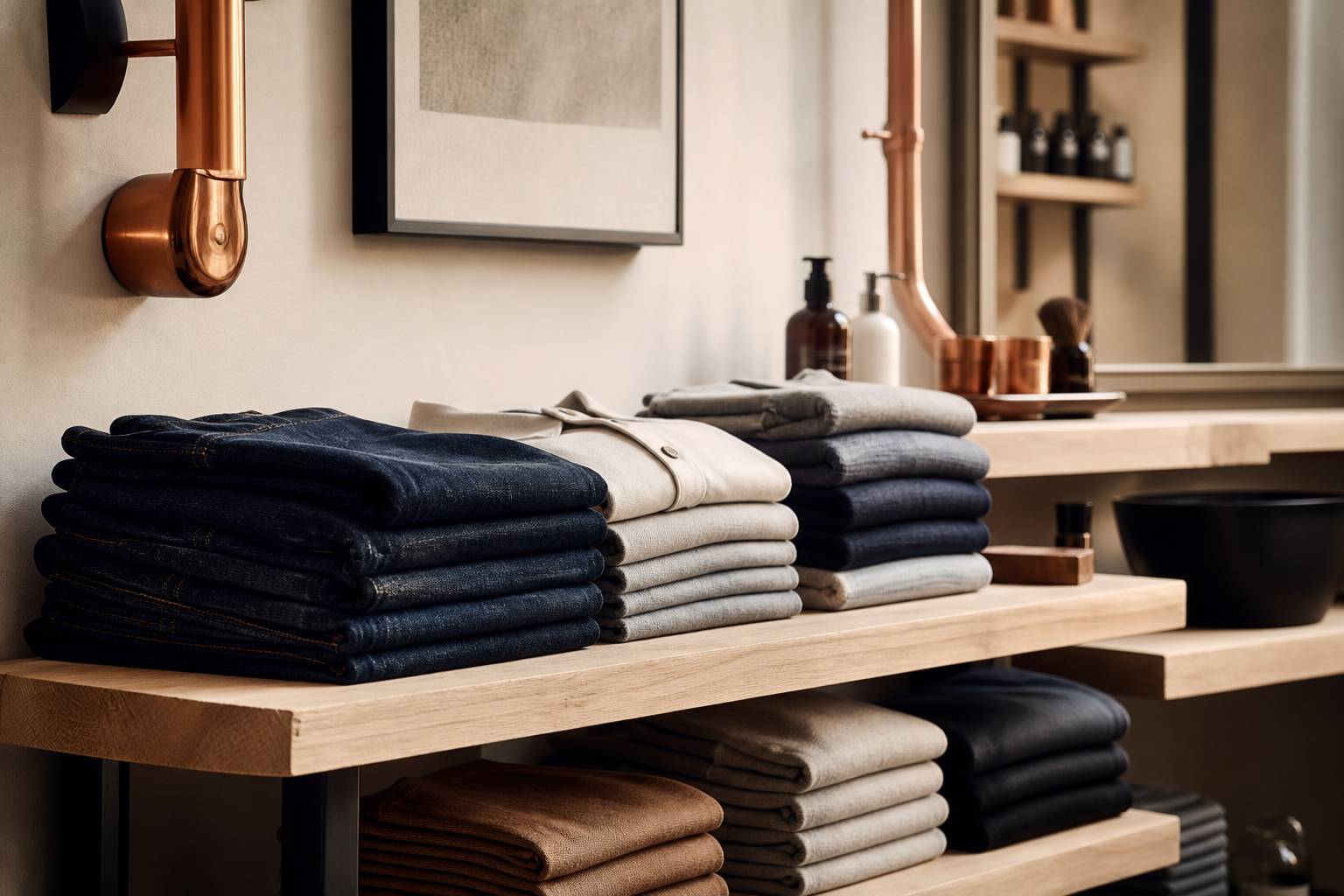 Basiques casual pliés (jeans, polos, pulls) sur une étagère en bois clair