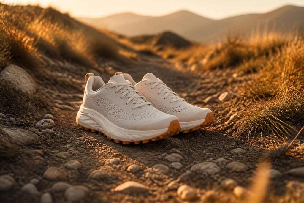 Baskets de running à semelle épaisse posées sur un sentier
