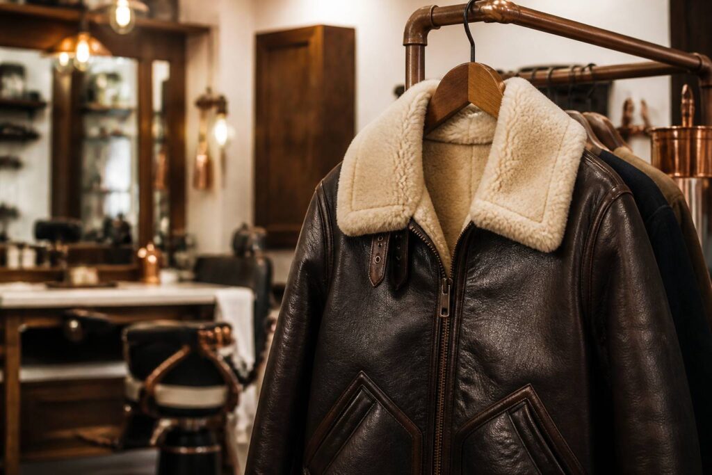 Blouson aviateur en cuir avec col shearling posé sur un portant