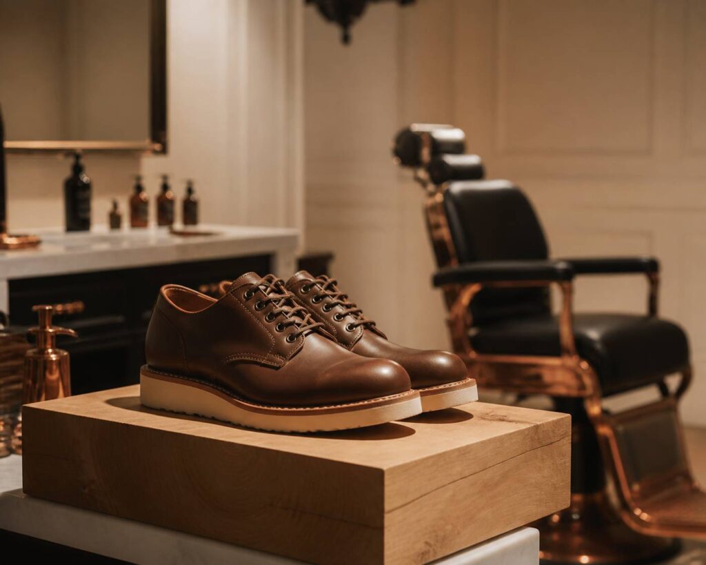 Paire de chaussures basses en cuir workwear sur un socle en bois