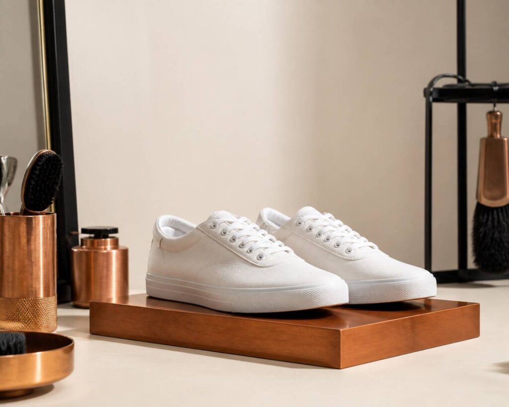 Paire de baskets en toile blanche posée avec lacets sur un fond clair