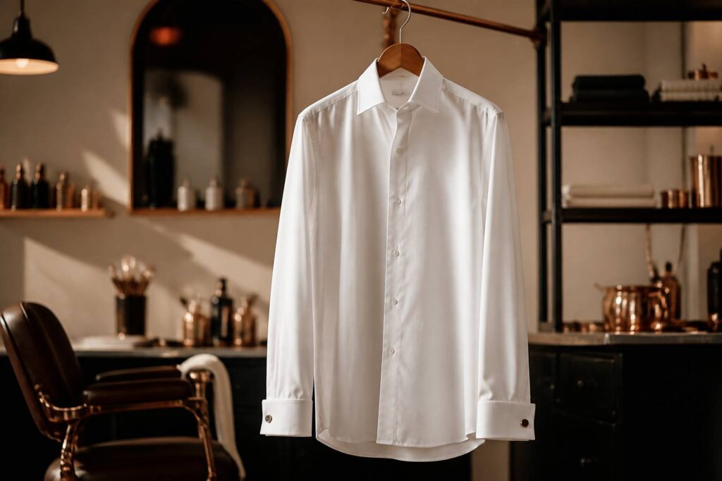 Chemise blanche de luxe pour homme sur cintre en bois
