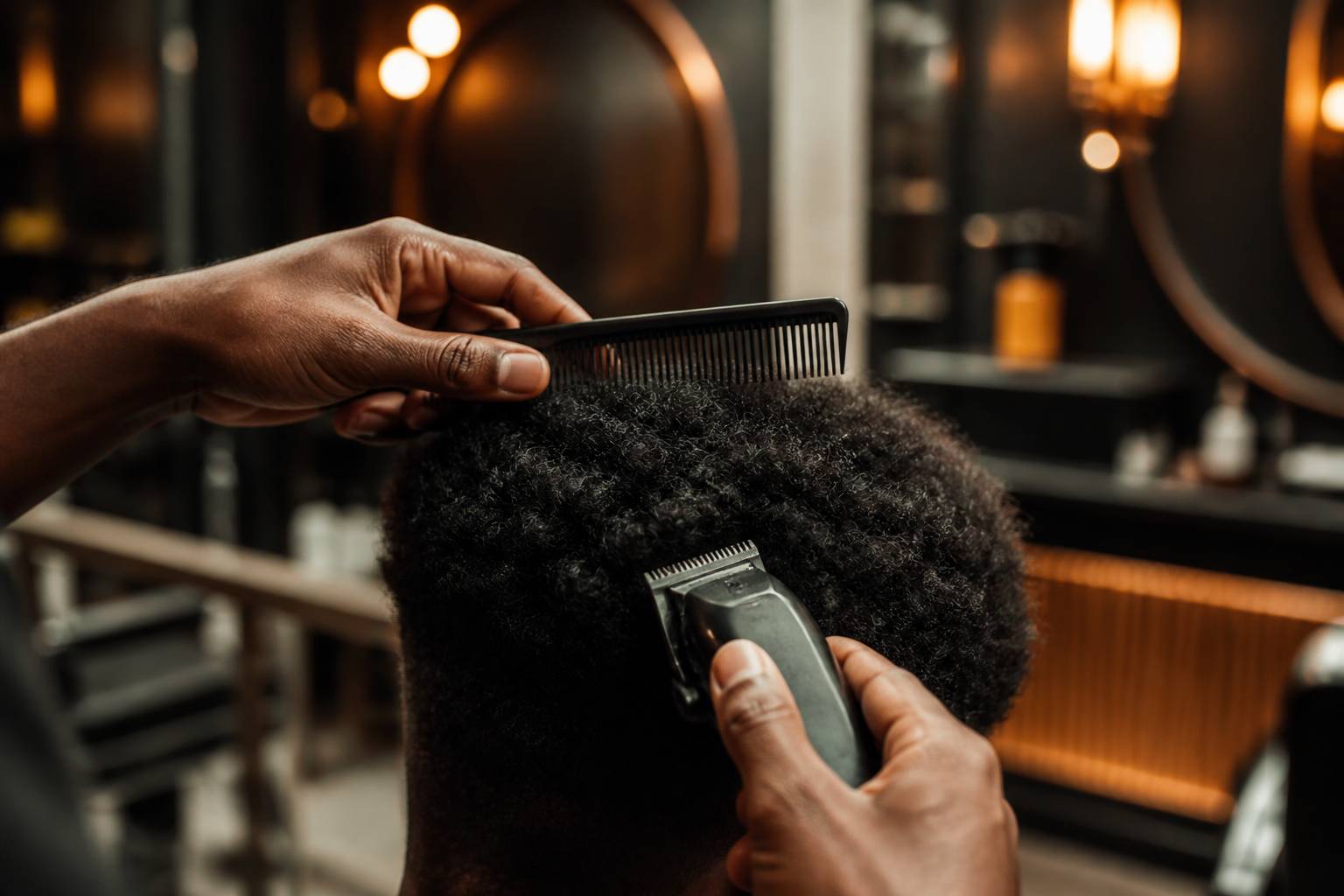 Cheveux afro texturés en coupe avec tondeuse et peigne