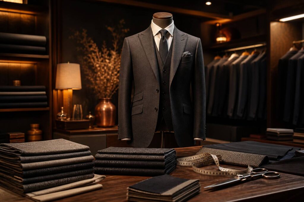 Costume de mariage sur mannequin avec tissus et outils de tailleur