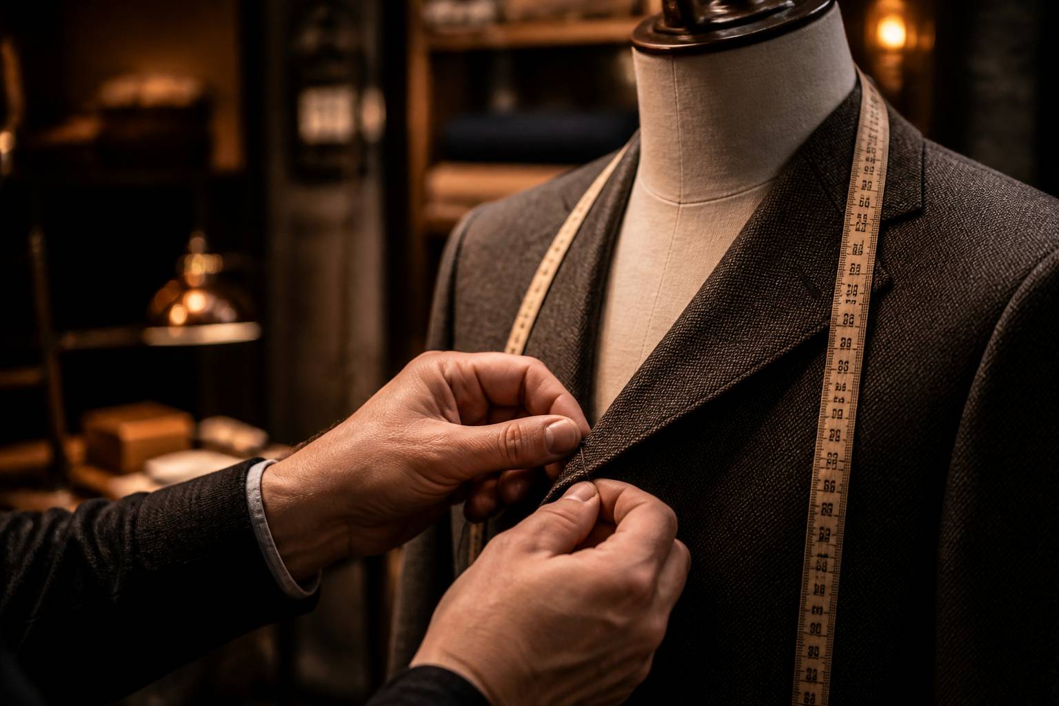 Mains d'artisan ajustant le revers d'une veste avec aiguille