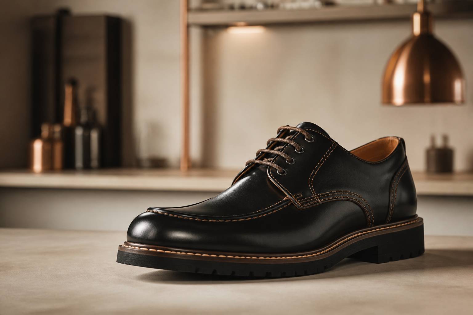Chaussure en cuir avec coutures apparentes et semelle robuste sur fond crème