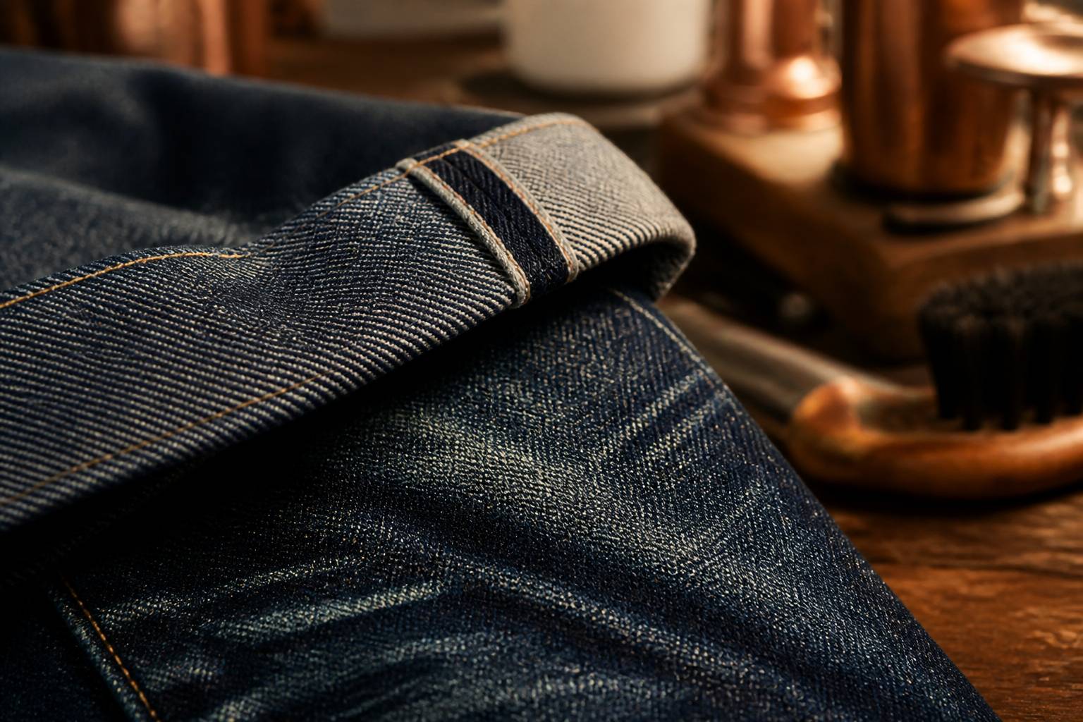 Gros plan du tissage d'un denim indigo brut avec des plis marqués