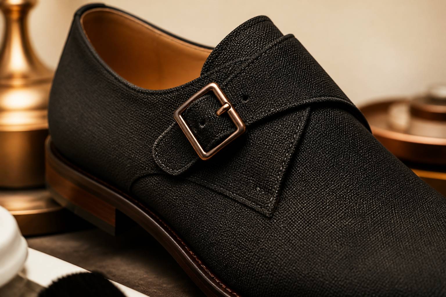 Gros plan artisanal sur une chaussure élégante avec coutures fines et boucle