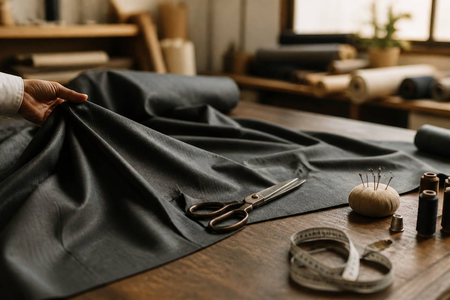 Détail de couture d'une jupe masculine grise avec ciseaux de tailleur et tissus sur table de coupe