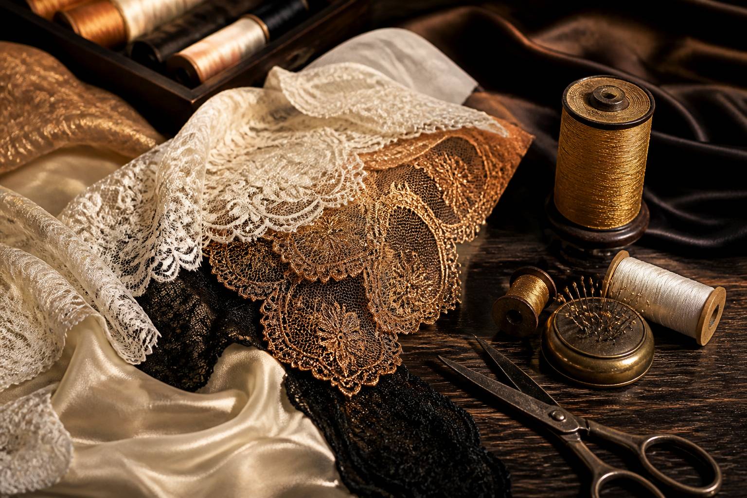 Échantillons de dentelle et fils dorés sur une table d'atelier