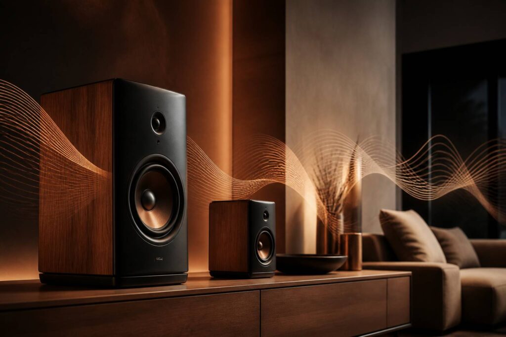 Enceinte audio premium au design épuré dans un salon moderne