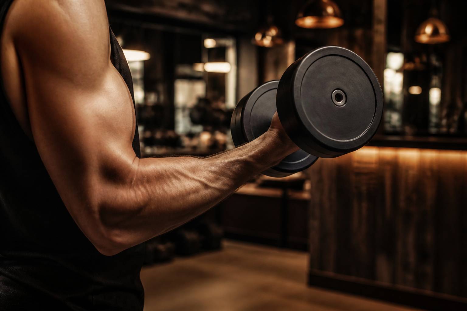 Curl biceps avec haltère dans une salle de musculation, bras en effort, tons chauds cuivrés