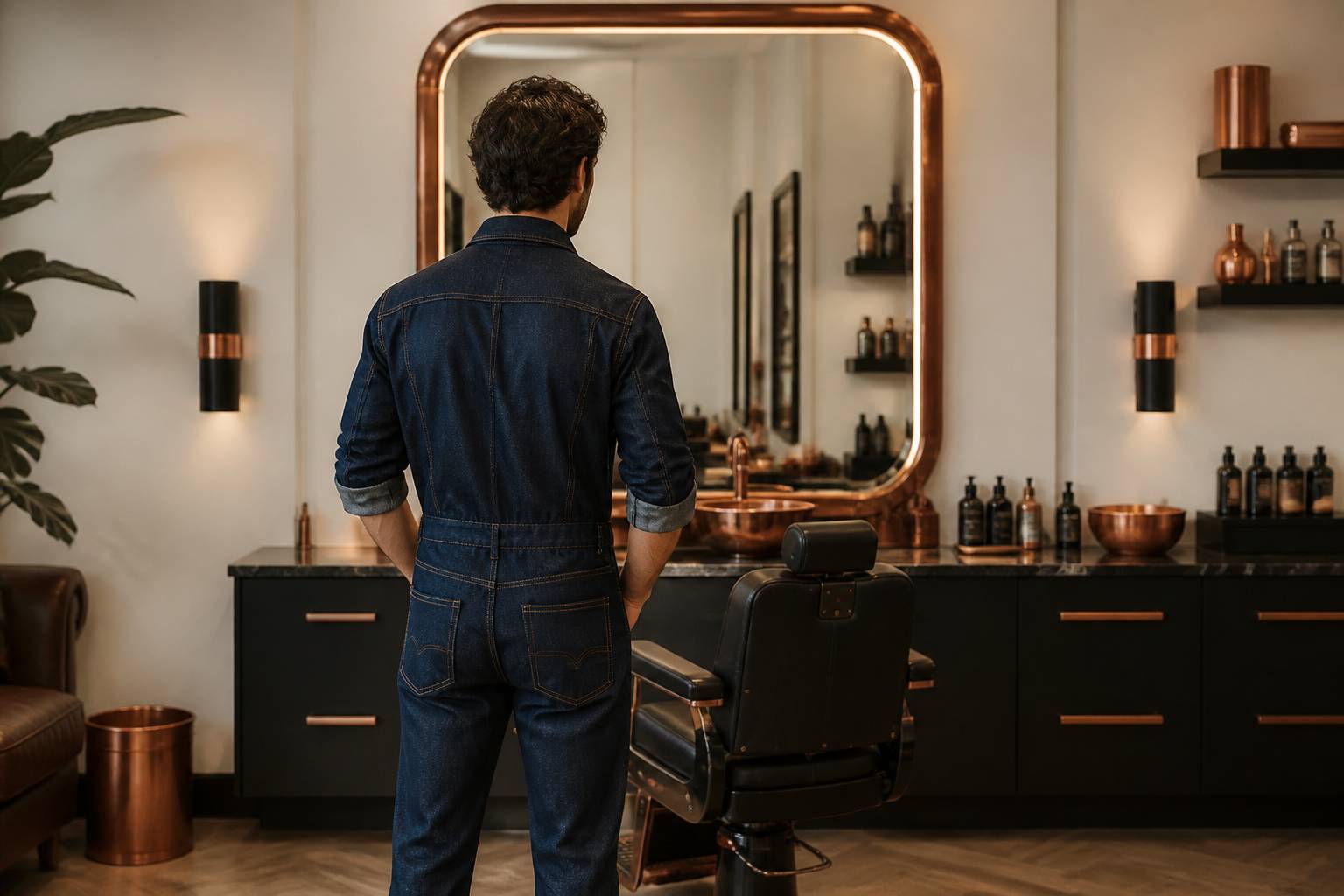 Homme de dos en combinaison denim devant un miroir