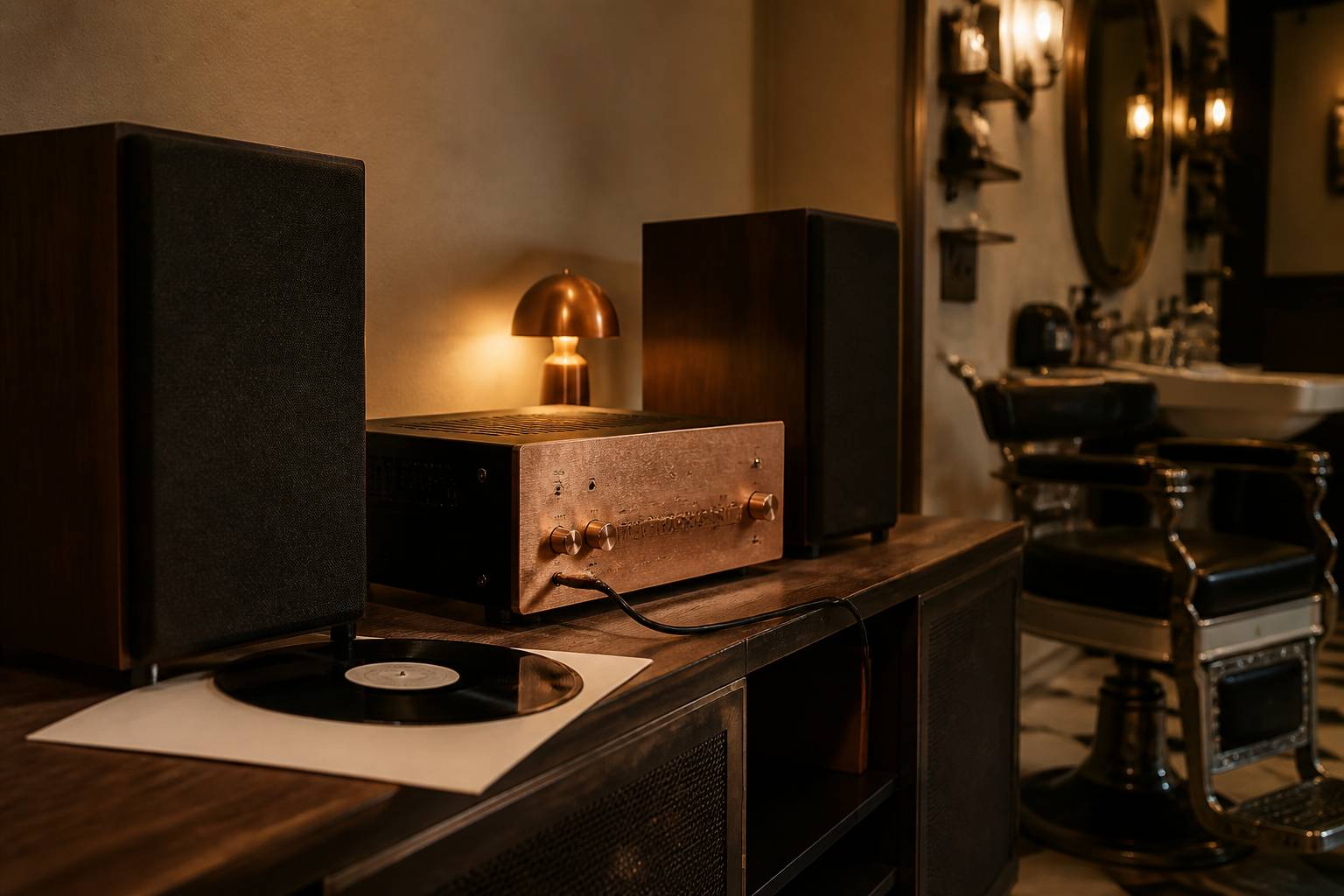 Enceinte et amplificateur sans étiquettes dans un salon d'écoute