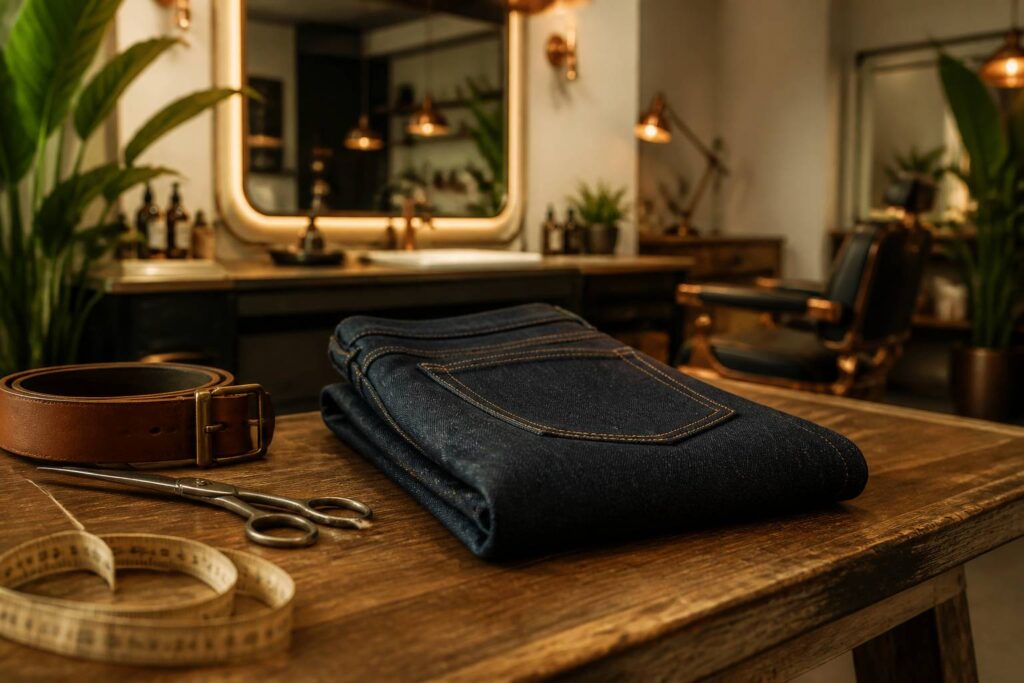 Jean brut en denim rigide plié sur une table en bois avec une ceinture