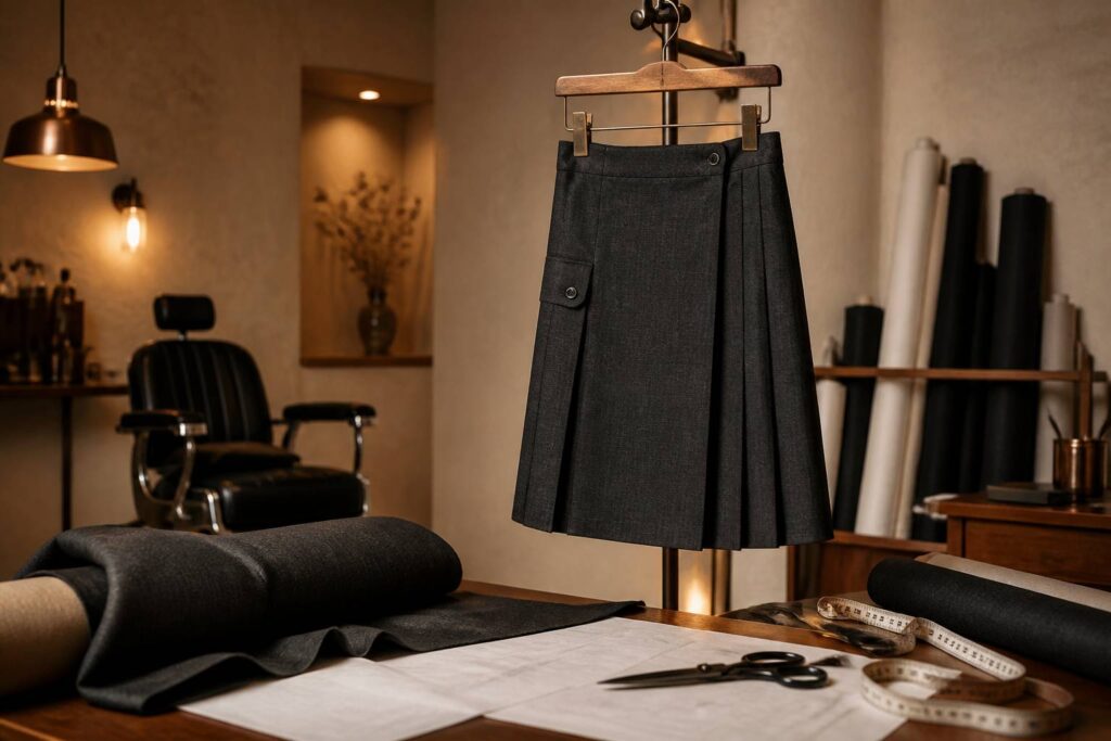 Jupe masculine en tissu structuré présentée sur un cintre en bois dans un atelier de création textile