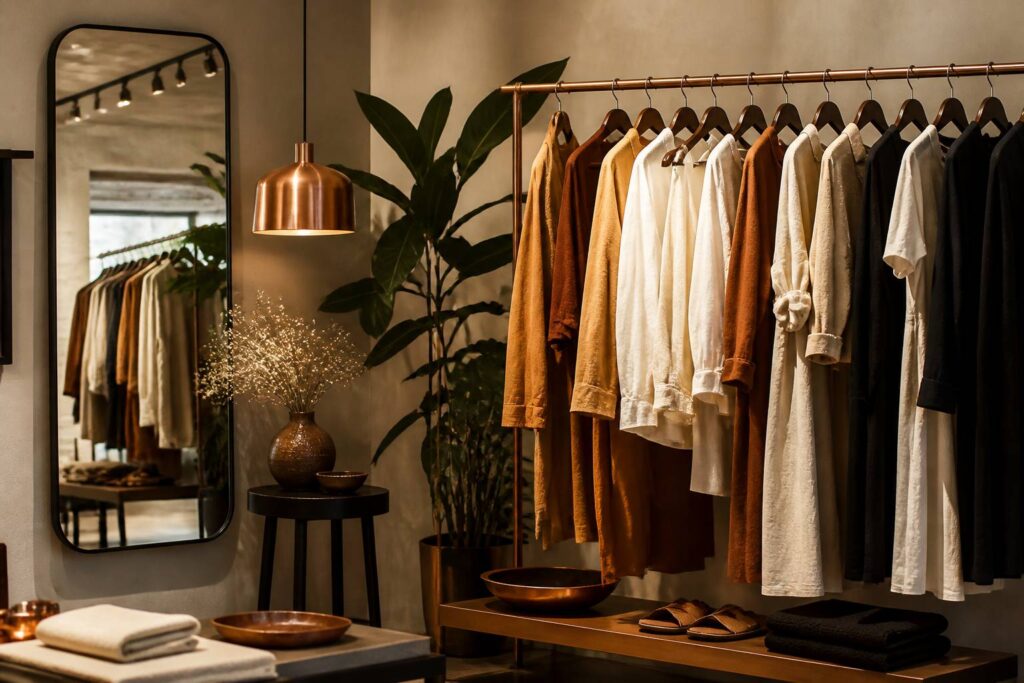 Portant en laiton avec des vêtements en matières naturelles dans une boutique claire