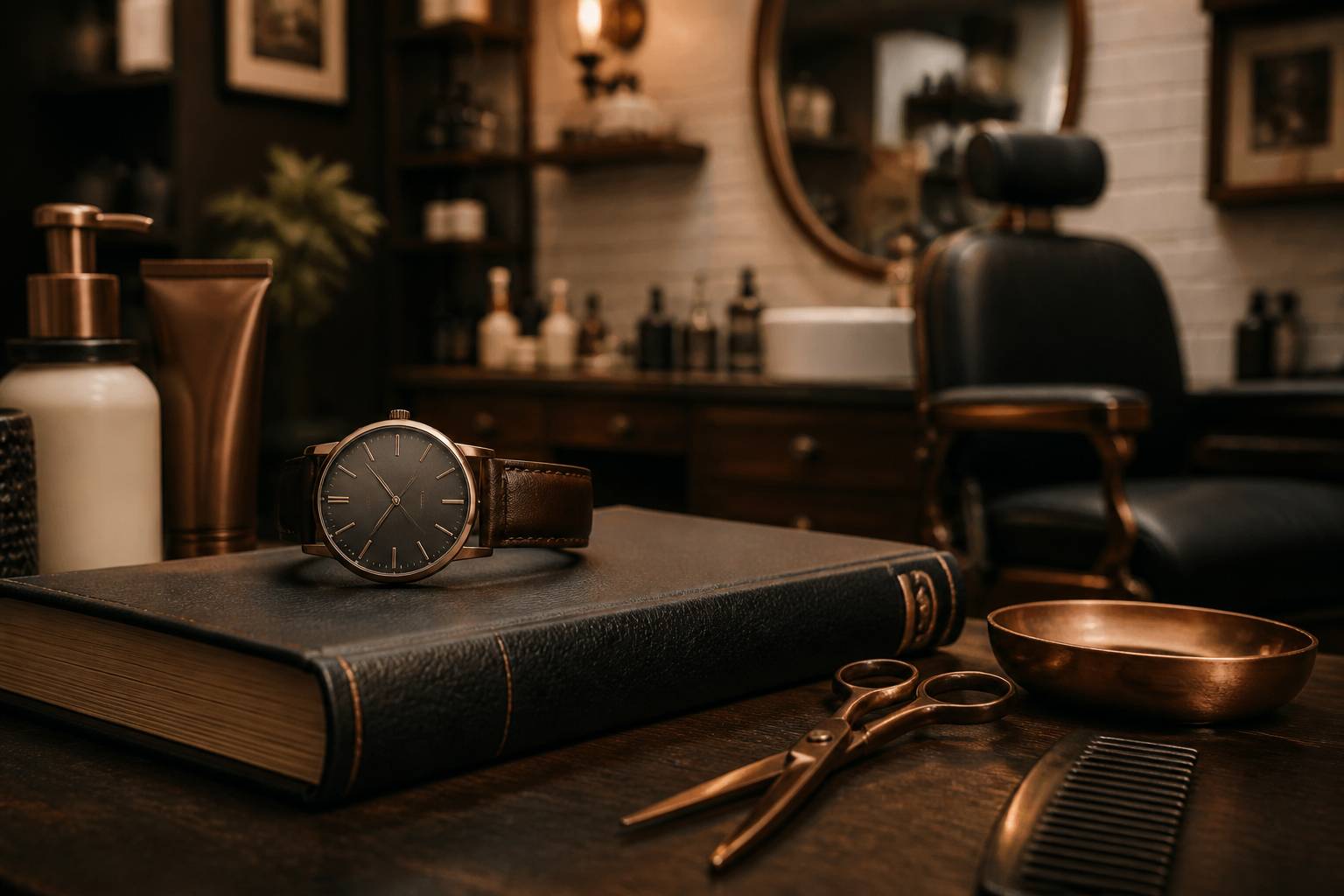 Montre au bracelet cuir près d'outils de barbier sur un livre