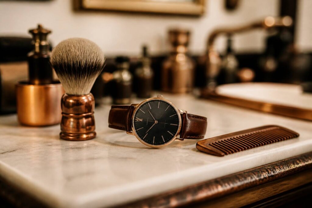 Montre homme à cadran noir posée sur un comptoir de barbershop