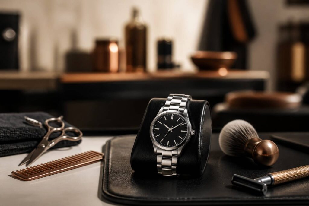Montre de luxe à bracelet acier posée sur support en cuir, fond crème