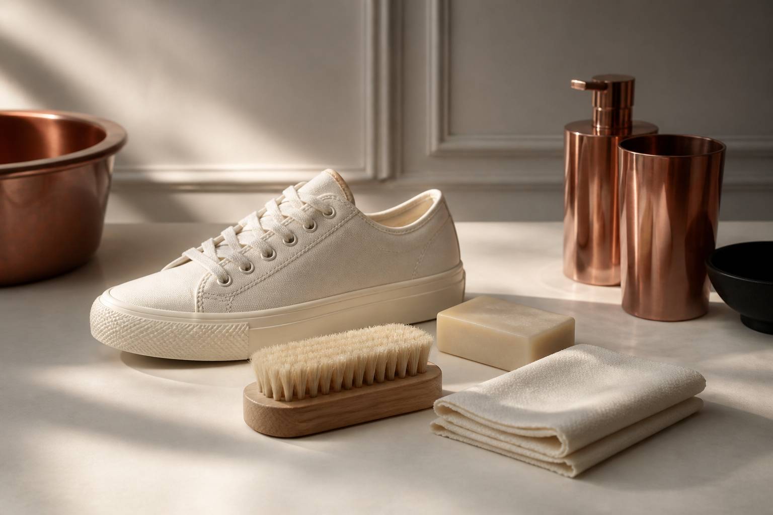 Brosse et savon doux près d'une chaussure en toile pour nettoyage à la main