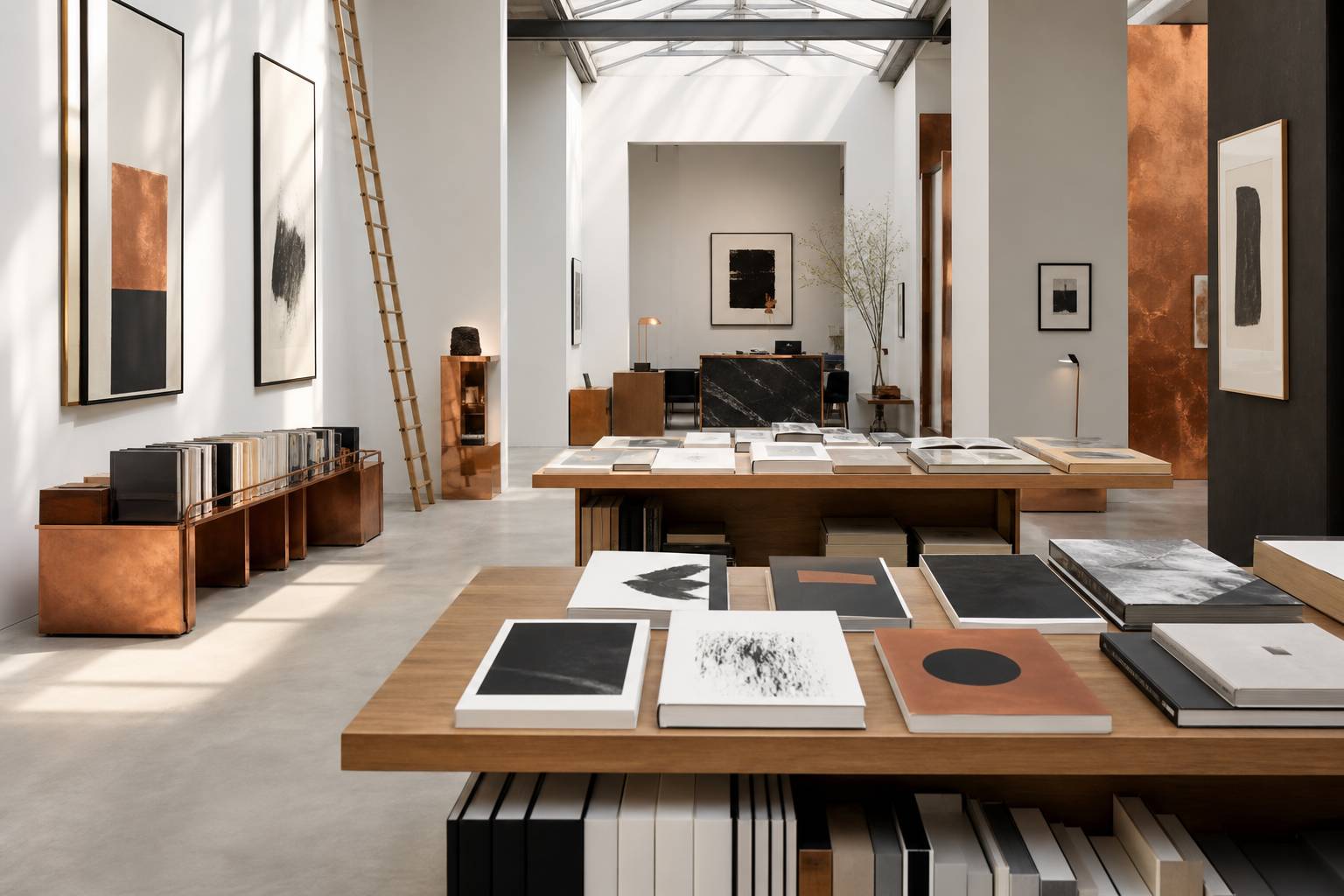Intérieur de librairie-galerie avec tables de livres d'art et murs blancs
