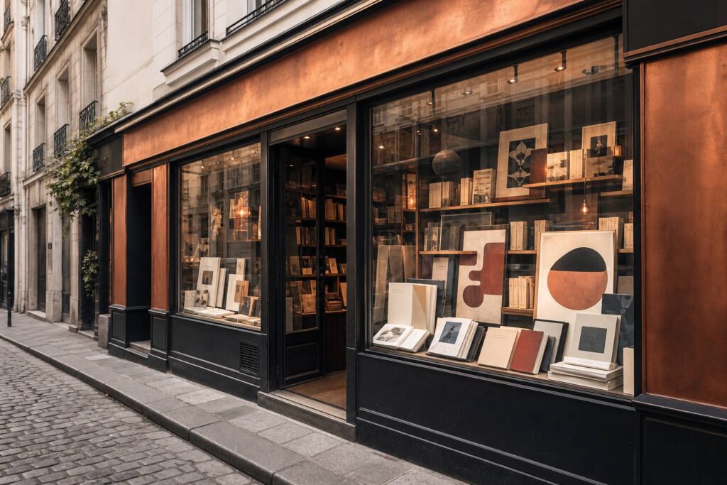 Façade de librairie indépendante parisienne avec vitrine de livres d'art
