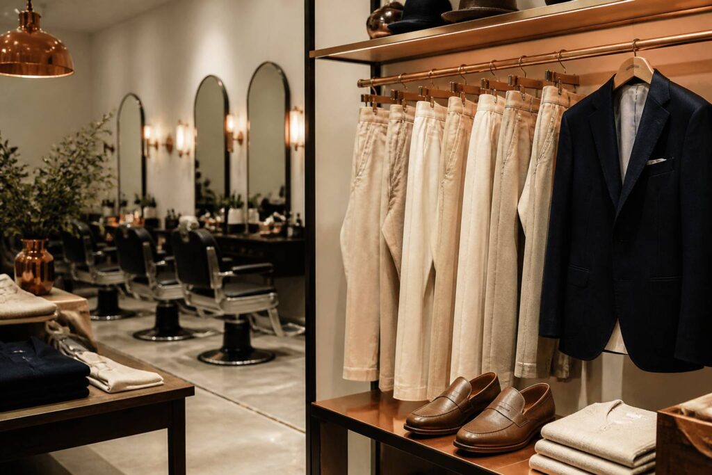 Pantalons larges homme en tissus naturels sur un présentoir