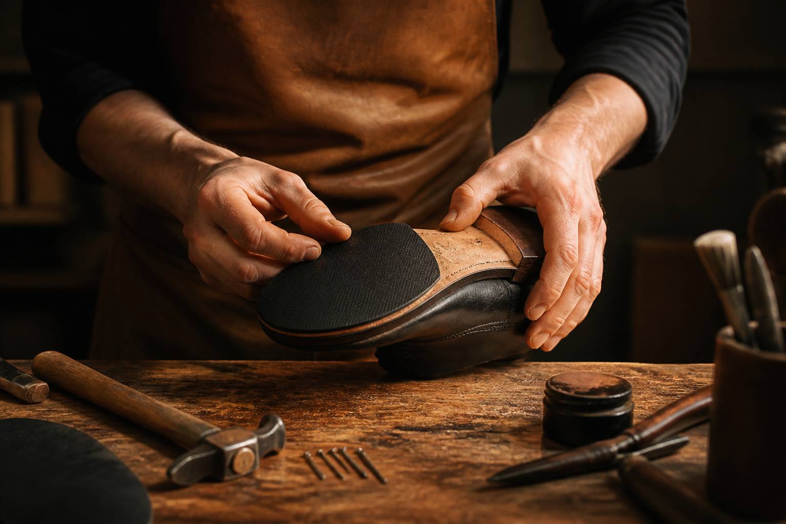 Mains posant un patin en gomme sous une semelle
