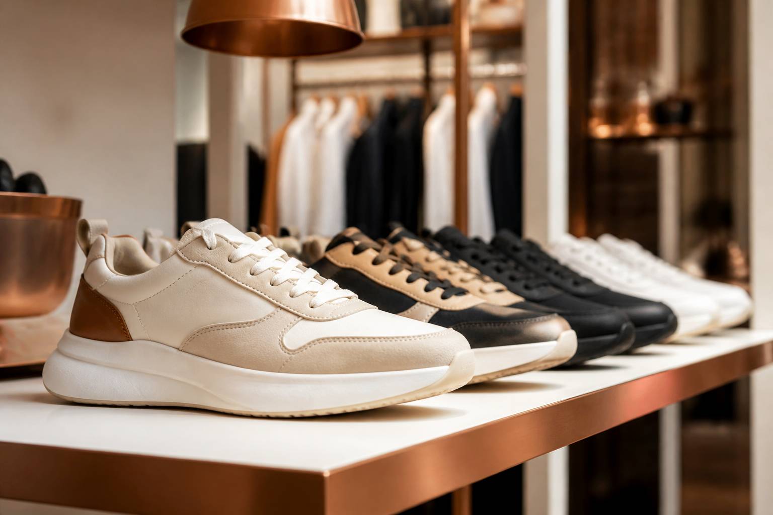 Présentoir de chaussures de sport alignées sur une étagère blanche dans un rayon moderne