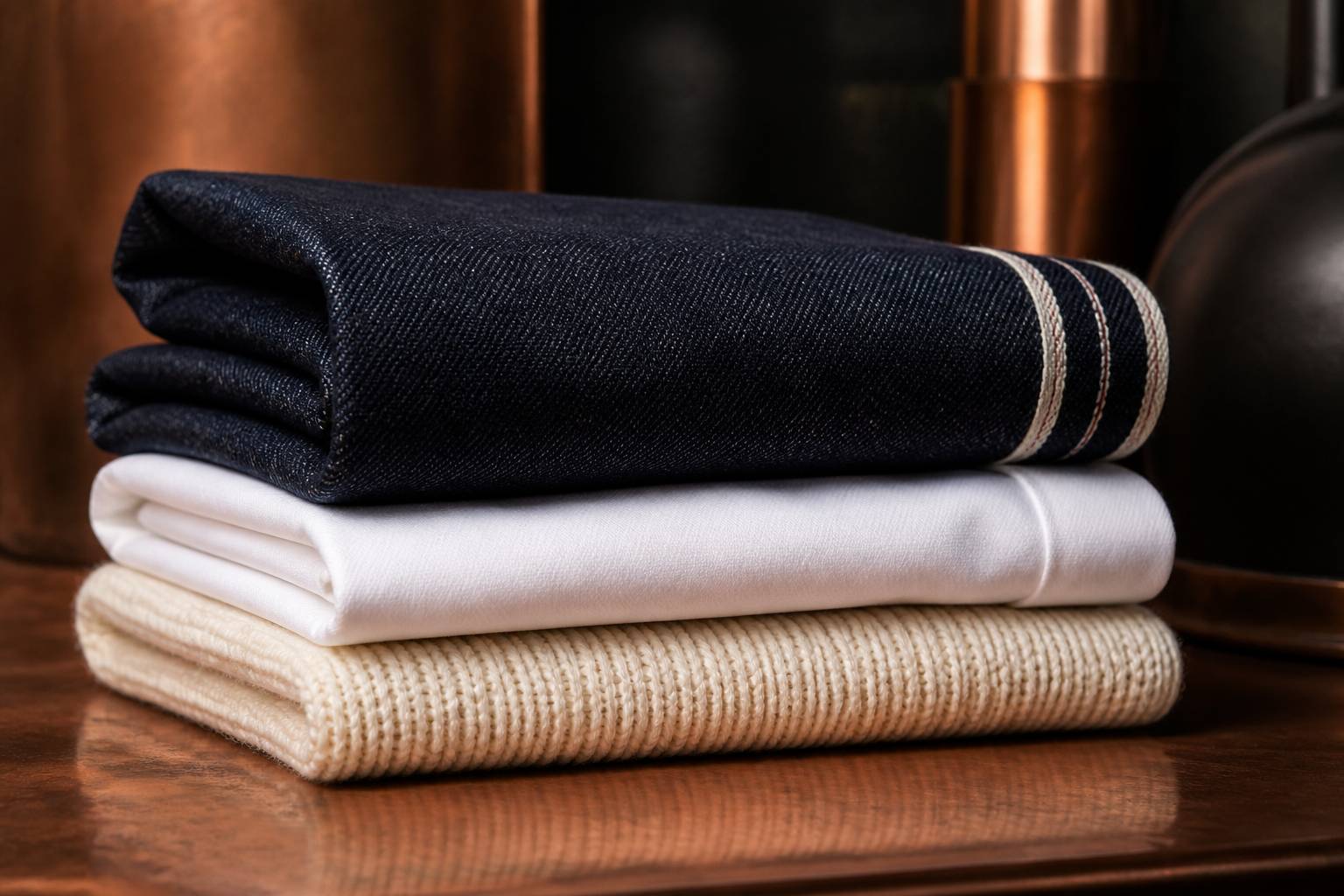 Matières textiles empilées avec denim brut et popeline