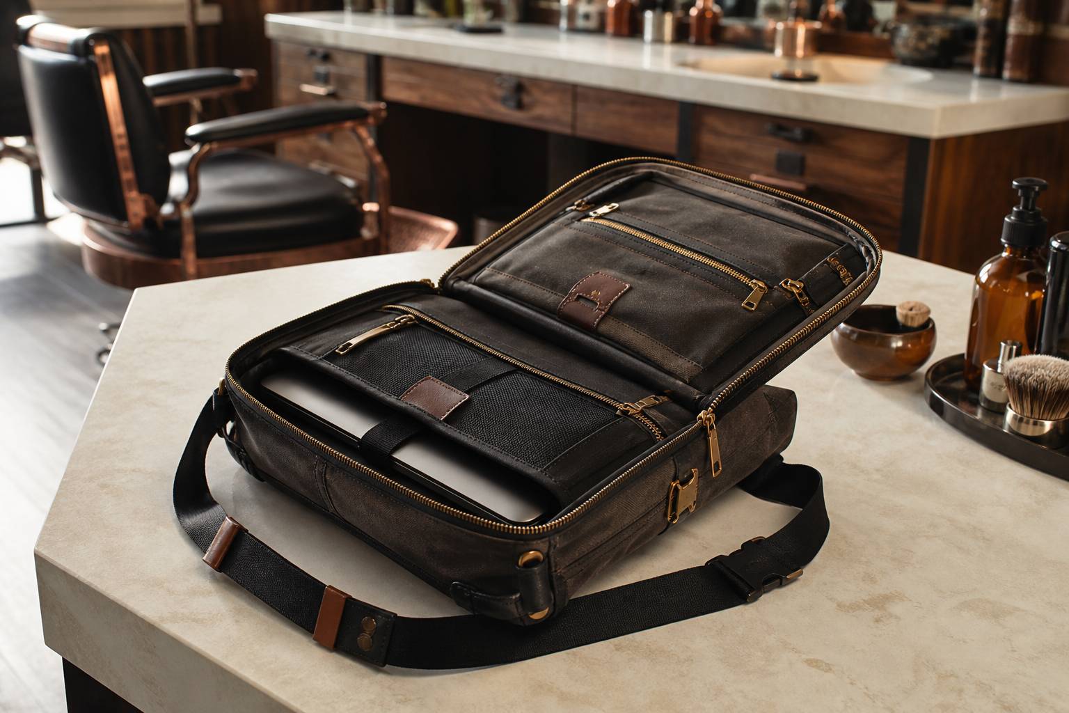 Intérieur organisé d'une sacoche avec ordinateur portable, compartiments zippés et fermetures en laiton