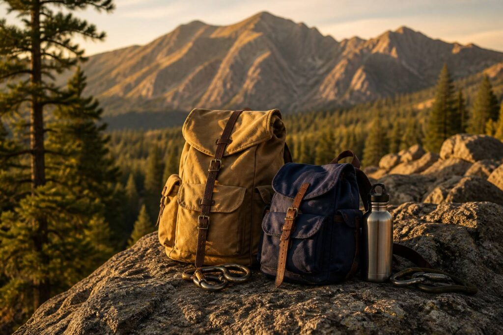Sac à dos outdoor en toile posé sur un rocher face aux montagnes
