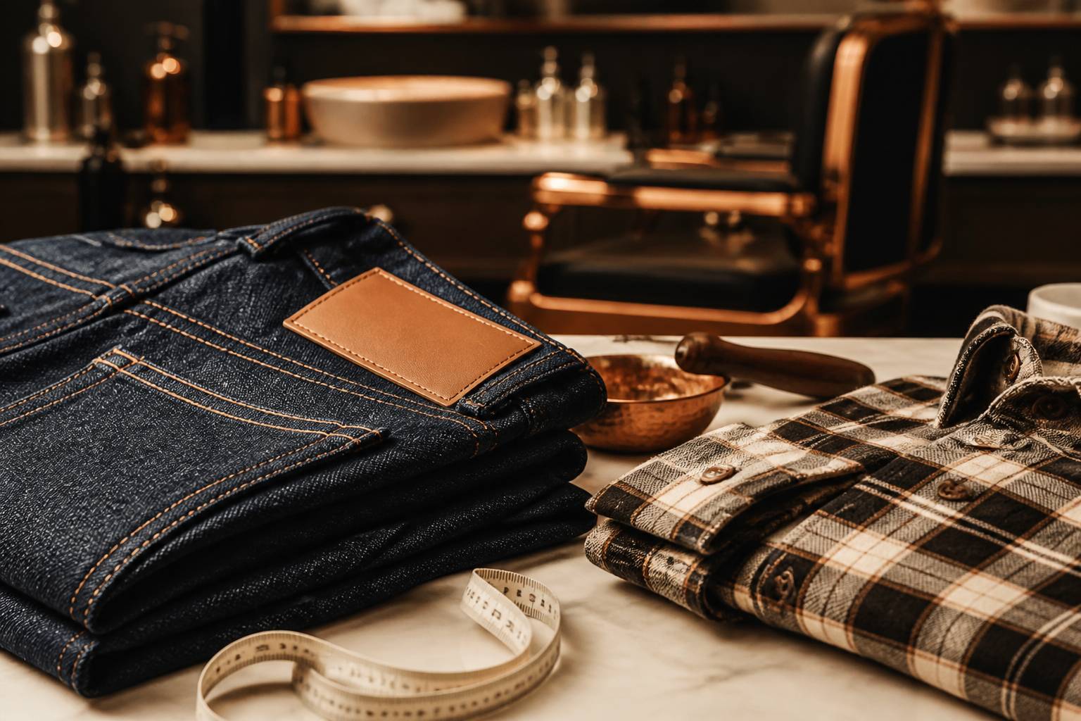 Gros plan de denim brut avec chemise à carreaux pliée