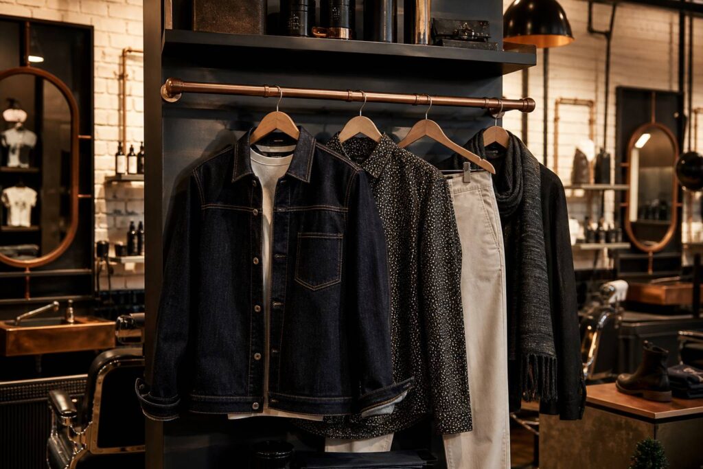 Vêtements urbains sur cintres avec veste en jean brut