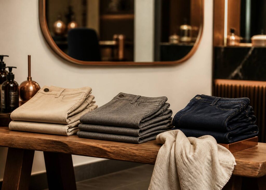Shorts ajustés et pantalons pliés en coton sur un banc en bois de barbershop