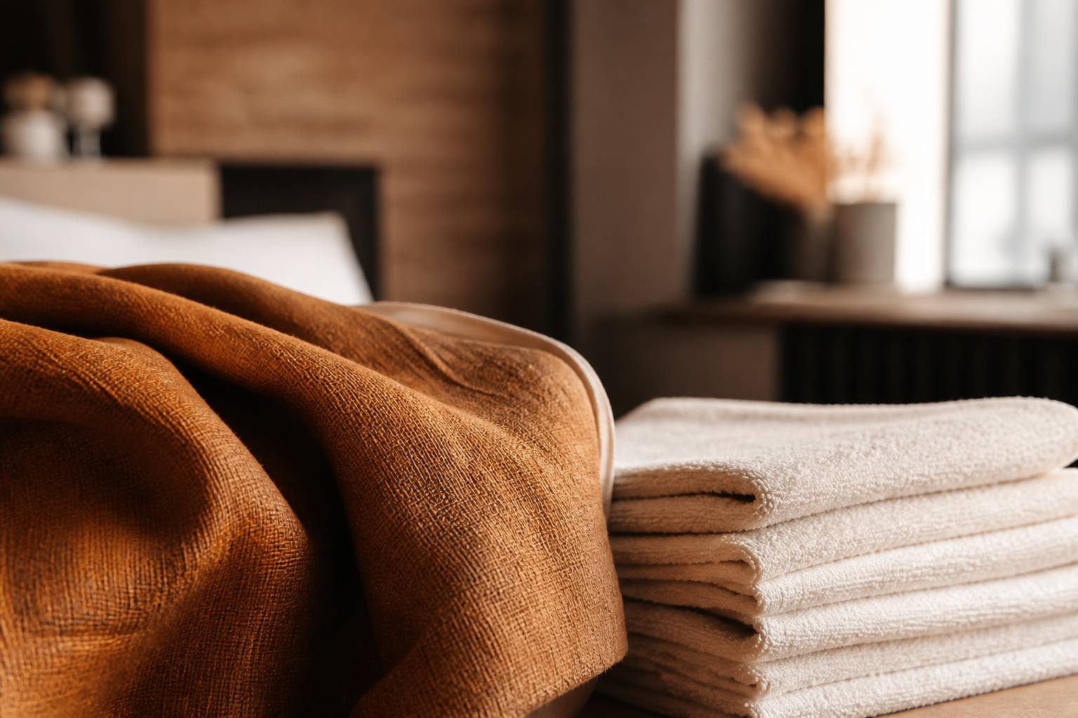 Texture d'un tissu en lin lavé avec une pile de serviettes en coton