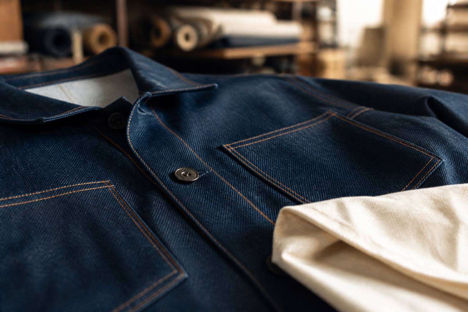 Toile de veste en denim avec coutures contrastées, poches plaquées et bouton métallique