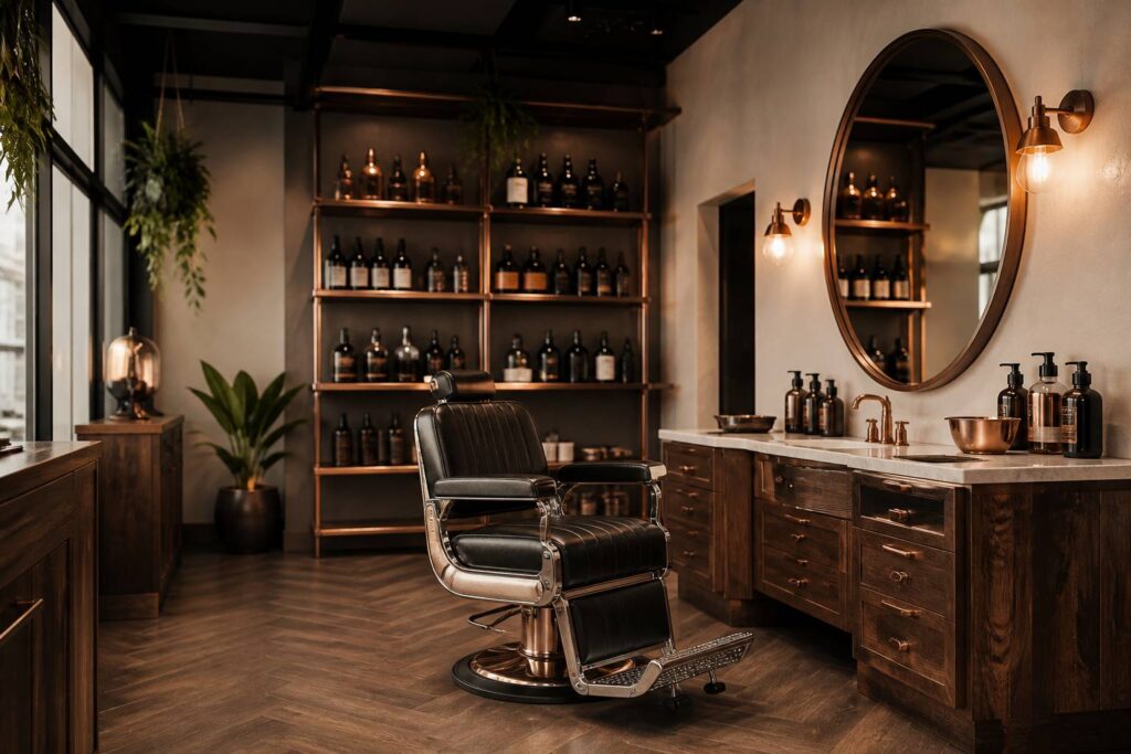 Barbershop contemporain avec flacons de soin homme et fauteuil de barbier