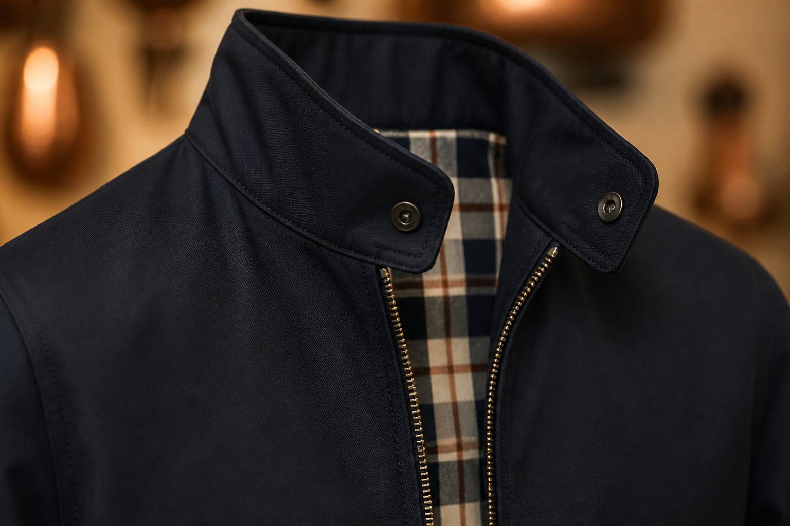 Col montant à bouton et doublure à carreaux d'une veste harrington